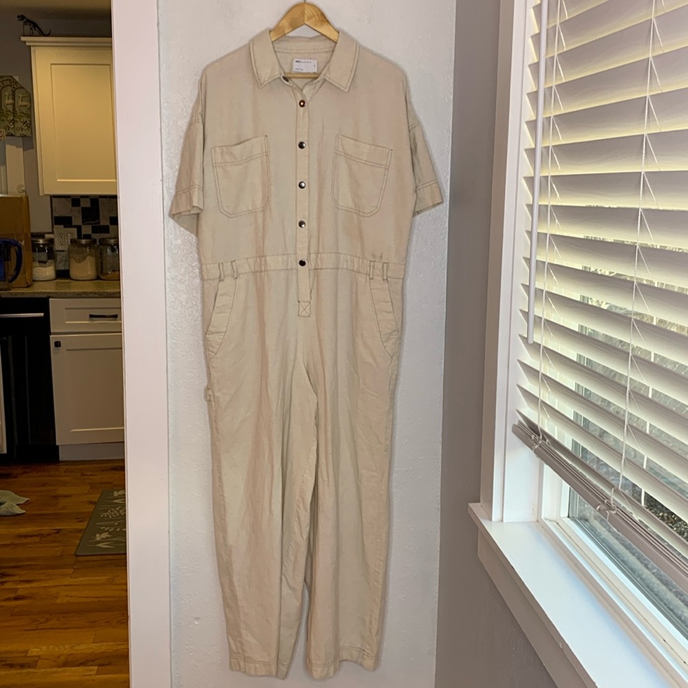 ASOS DESIGN linen look boilersuit color oatmeal jumpsuit cotton hemp blend Med